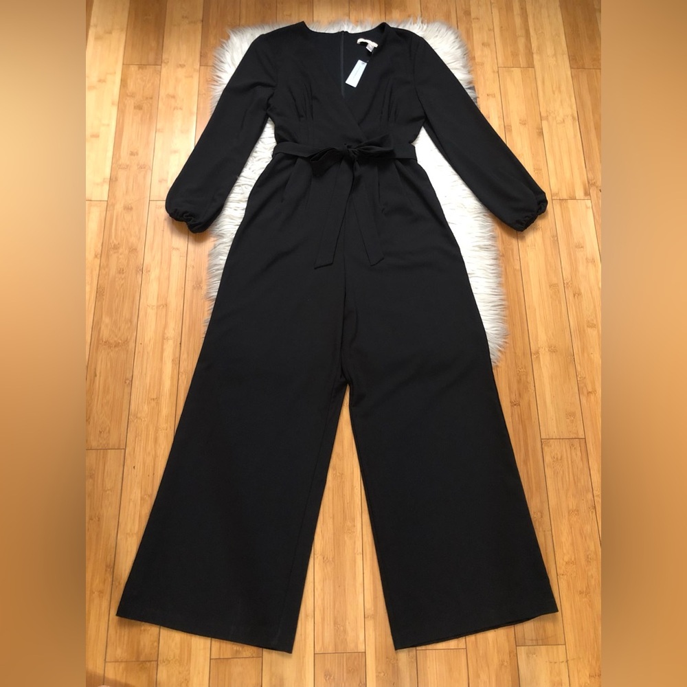 Hutch Black Pleated V-Neck Wide Leg Tie Waist Long Sleeves Jumpsuit size 4P NWT